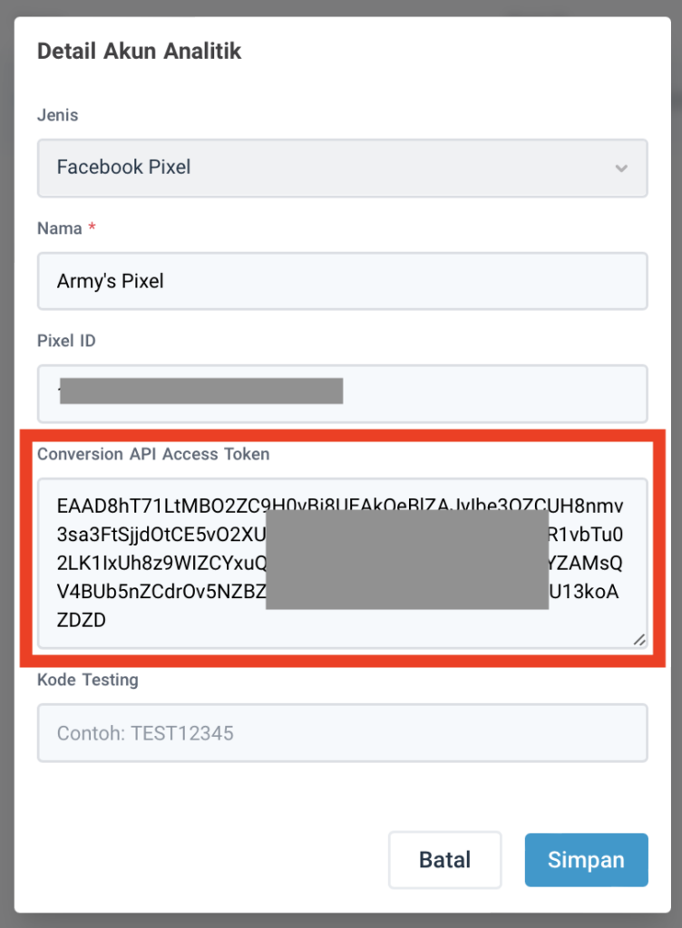 Kolom Conversion API Access Token di Scalev