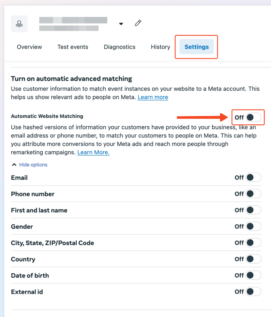 Automatic Website Matching masih Off