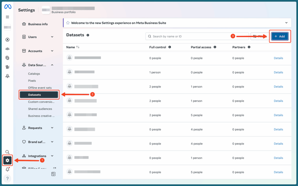 Menu Datasets dan tombol Add