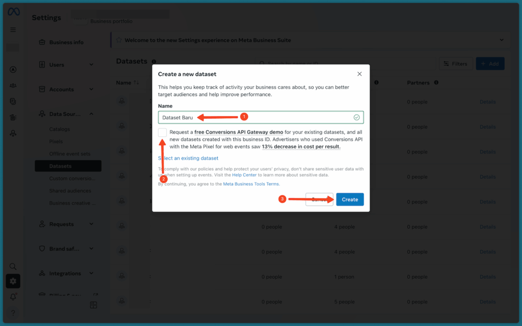 Popup Create a new dataset