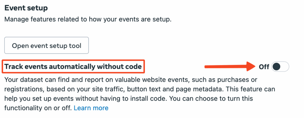 Track events automatically without code dalam posisi Off