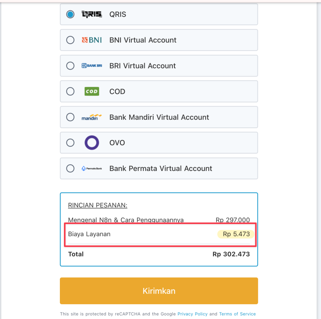 Tampilan Service Fee gabungan Transaction Fee dan Scalev Fee di halaman checkout
