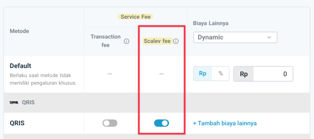 Setting hanya mengaktifkan Scalev Fee di Scalev