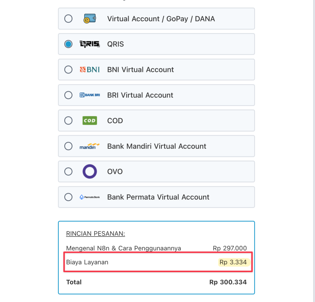 Tampilan Service Fee hanya dari Scalev Fee di halaman checkout