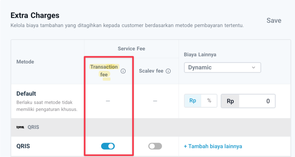 Setting hanya mengaktifkan Transaction Fee di Scalev