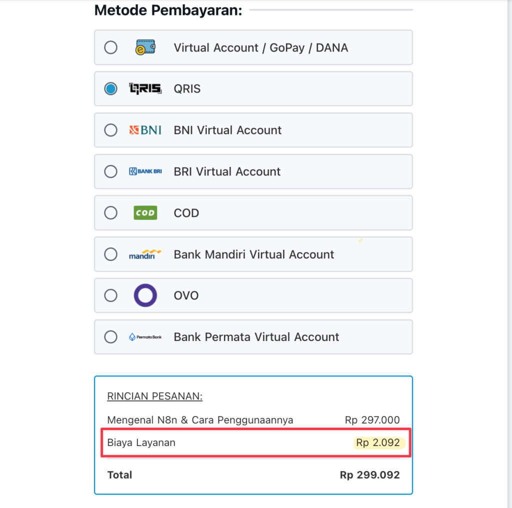 Tampilan Service Fee hanya dari Transaction Fee di halaman checkout
