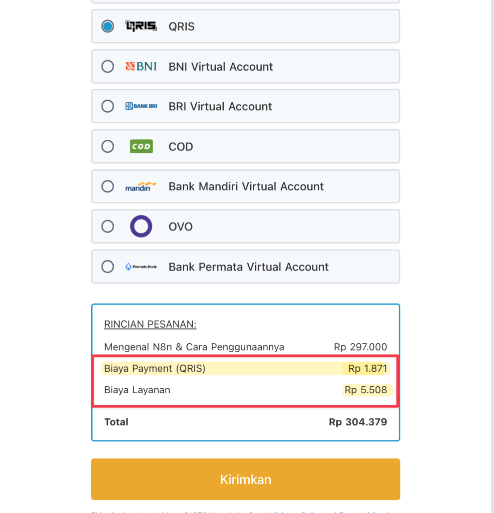 Tampilan Service Fee dan Biaya Lainnya di halaman checkout