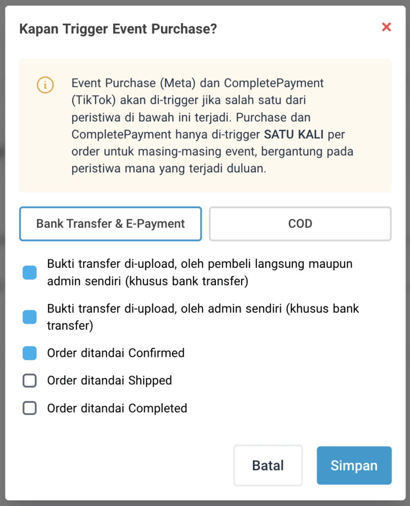 Trigger Purchase untuk Bank Transfer