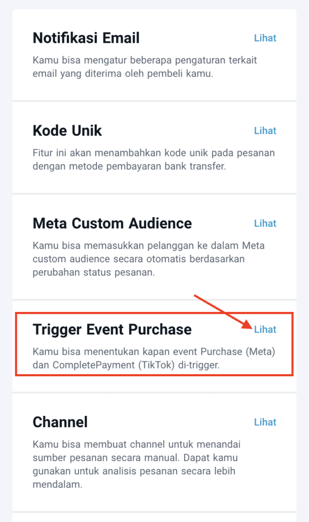 Letak pengaturan Trigger Event Purchase