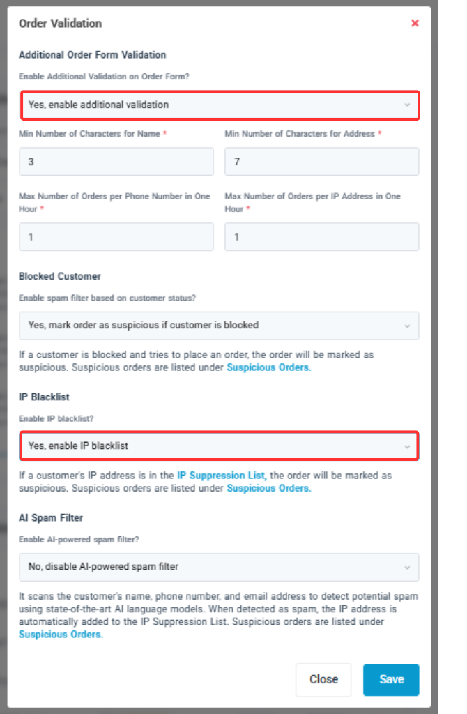 Anti spam order