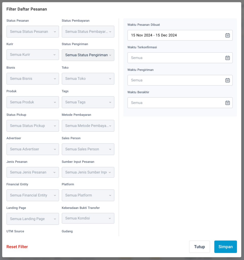 Filter daftar pesanan