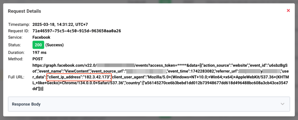 Rincian event pixel dengan client_ip_address