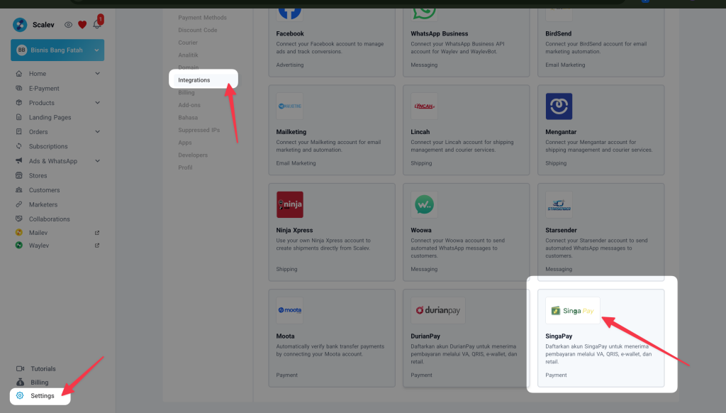 Menu Setting Integration SingaPay di Scalev