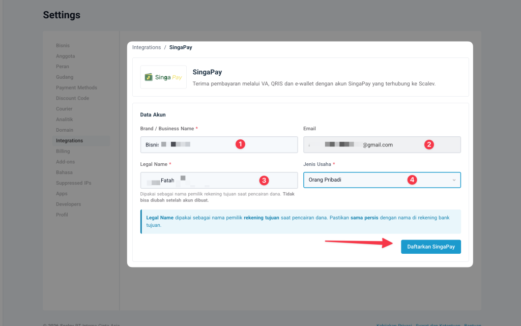 Form pendaftaran data bisnis SingaPay