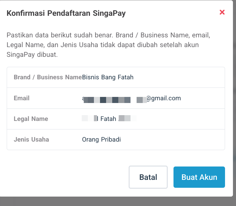 Popup konfirmasi pembuatan akun SingaPay