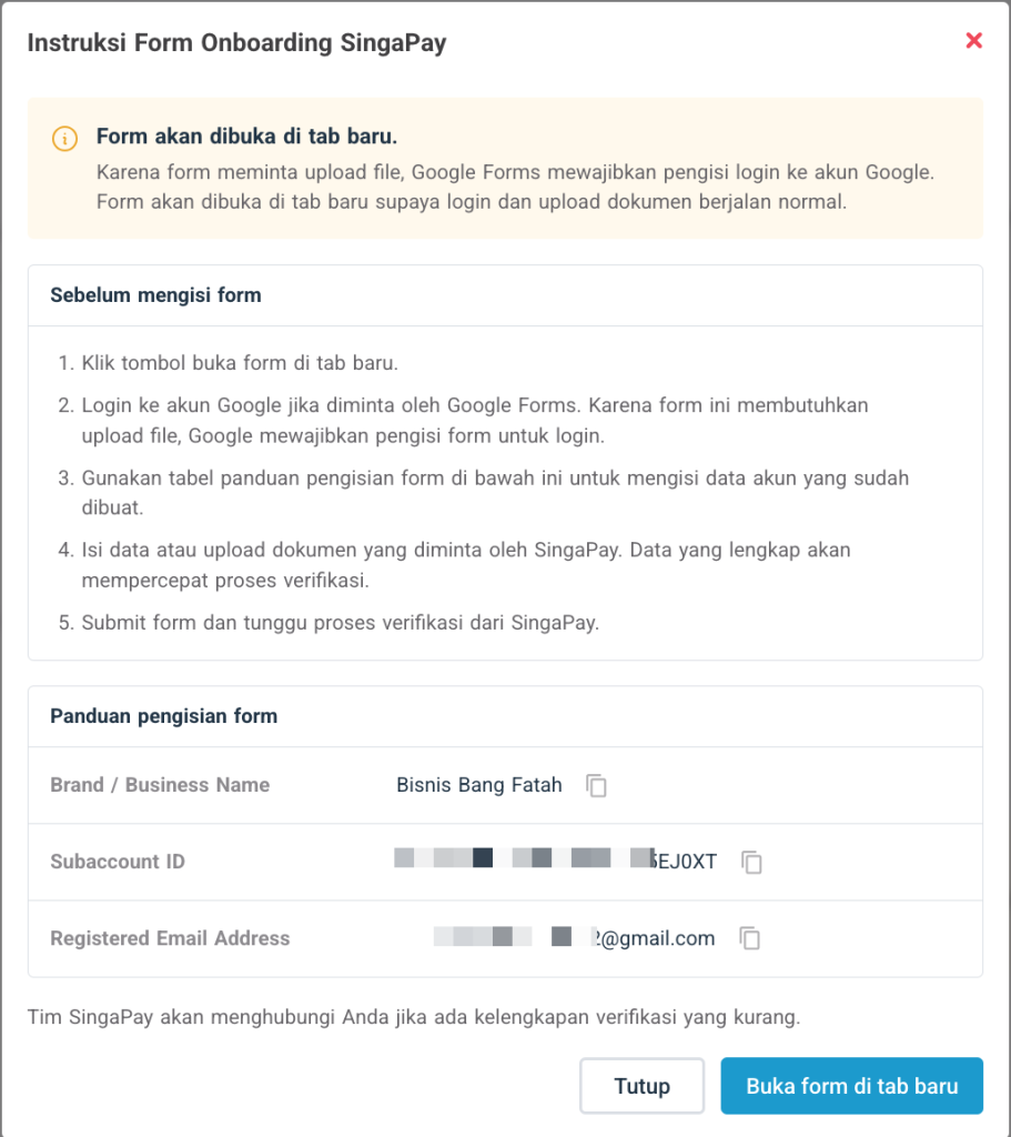 Instruksi membuka form onboarding SingaPay