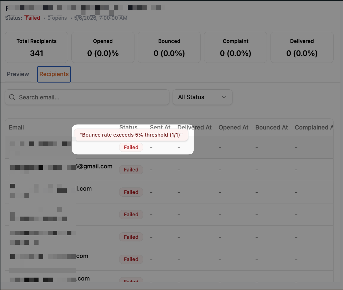 Contoh broadcast email berstatus Failed karena bounce rate melewati ambang batas 5% di dashboard Mailev