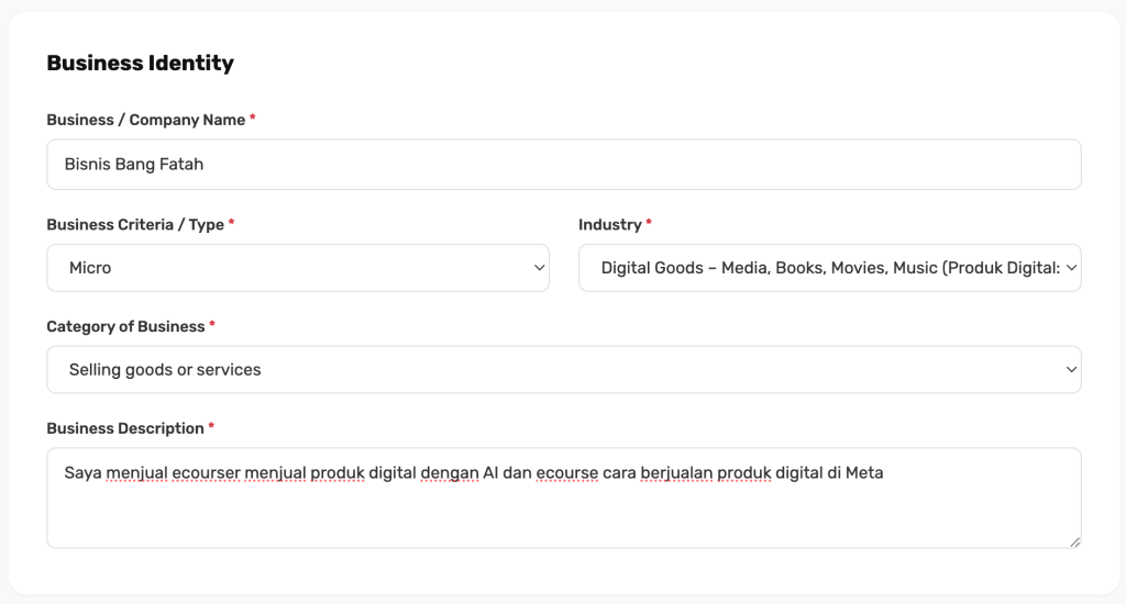 Isian Bisnis Identity di form onboarding SingaPay