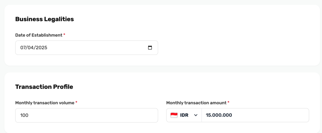 Isian Business Legalities dan Transaction Profile di form onboarding SingaPay