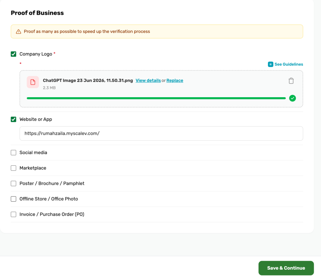 Isian Proof of Business di form onboarding SingaPay