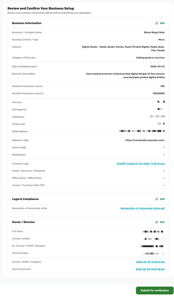Review and confirm business setup SingaPay