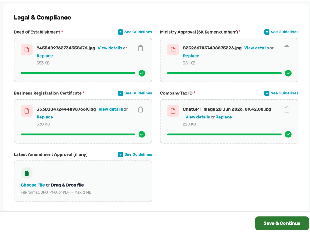 Upload dokumen Legal dan Compliance untuk Business Managed PT/CV