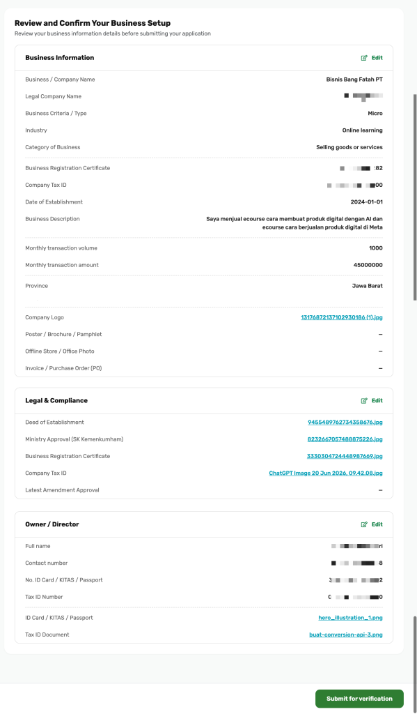 Review and confirm business setup untuk Business Managed PT/CV