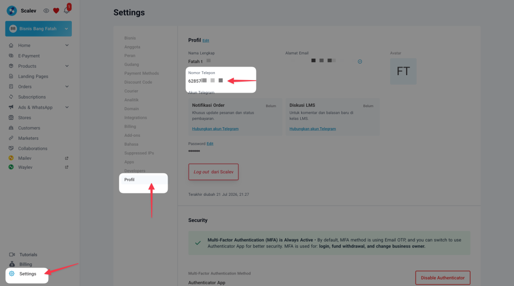Menu Setting Profil Edit