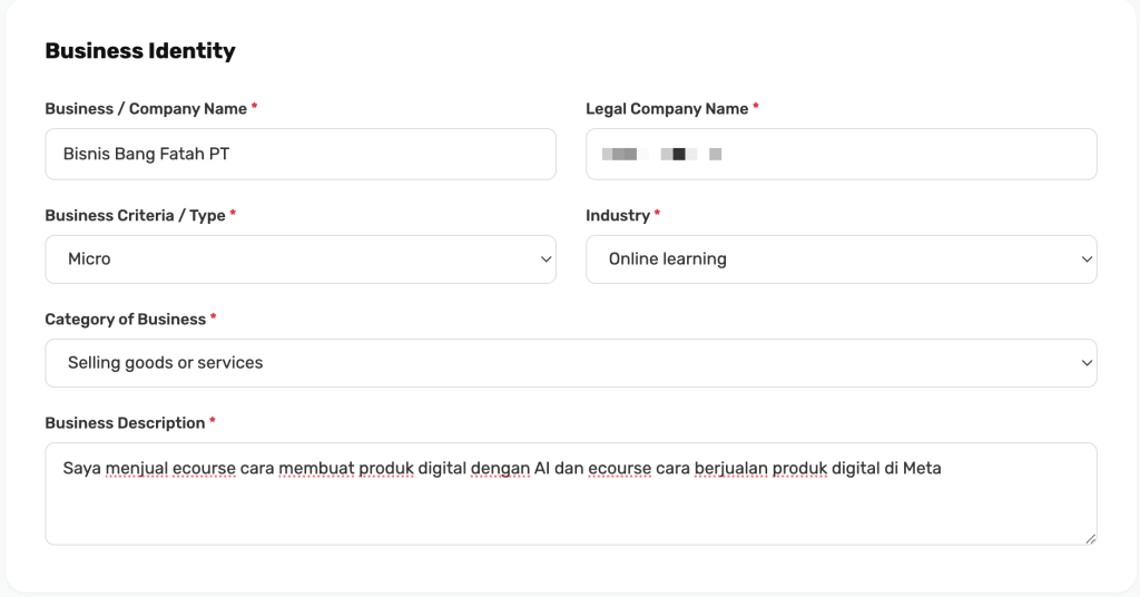Isian Bisnis Identity untuk Business Managed PT/CV di form onboarding SingaPay