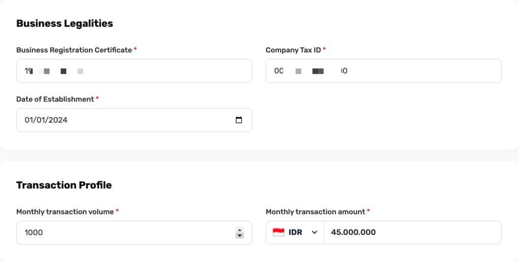 Isian Business Legalities dan Transaction Profile untuk Business Managed PT/CV