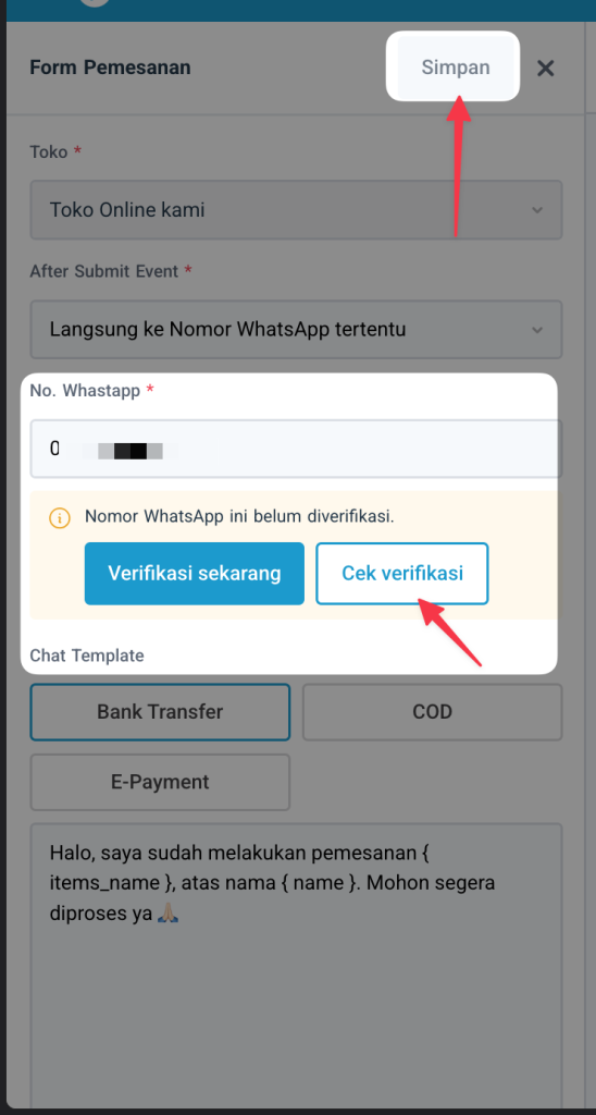 Klik Cek Verifikasi lalu Simpan