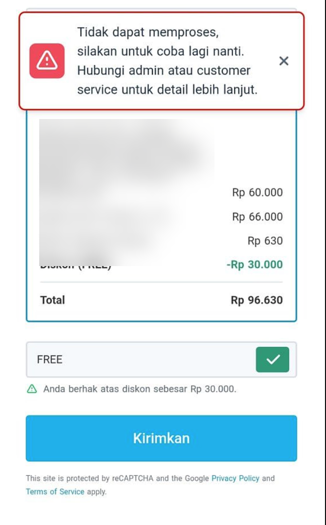 Tampilan error order notification lama, tanpa tombol hubungi seller