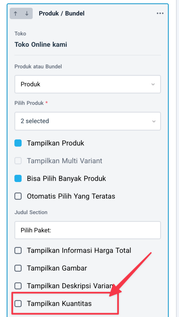 Uncheck opsi Tampilkan kuantitas pada komponen produk/bundel