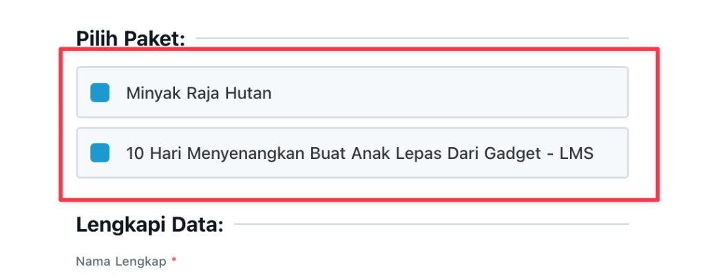 Form pemesanan tanpa kolom kuantitas produk