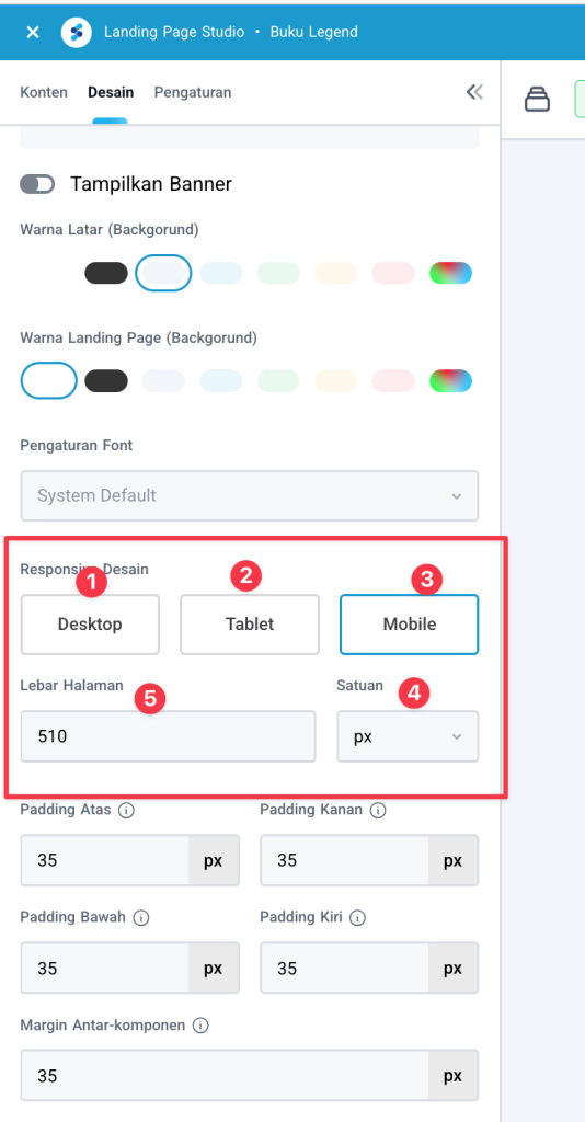 Bagian Lebar Halaman pada pengaturan Design di Landing Page Studio