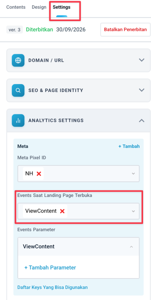 Memasang event ViewContent di Analytics Settings landing page