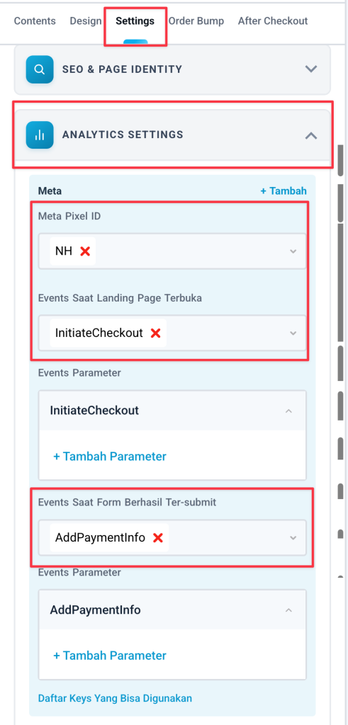 Memasang event InitiateCheckout dan AddPaymentInfo di Analytics Settings checkout flow