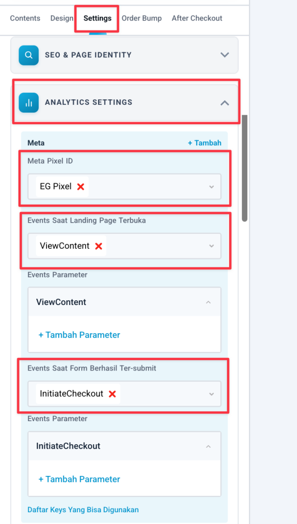 Memasang event ViewContent dan InitiateCheckout di Analytics Settings checkout flow