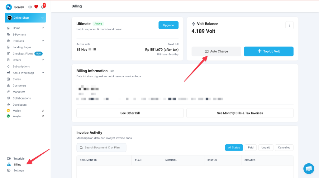 Tombol Auto Charge di menu Billing